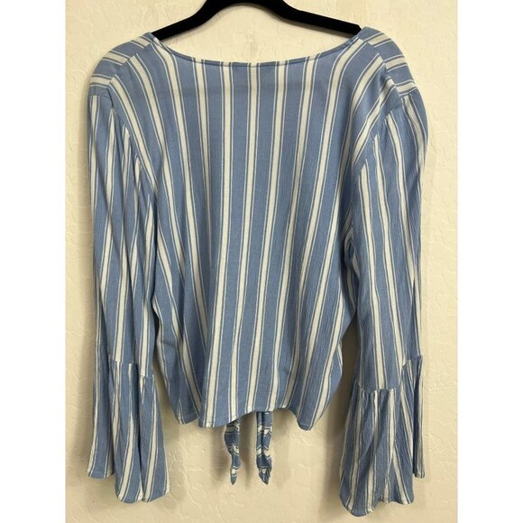 American Eagle Outfitters Blue and White Striped Viscose Flare Sleeve Tie Waist - Picture 6 of 7